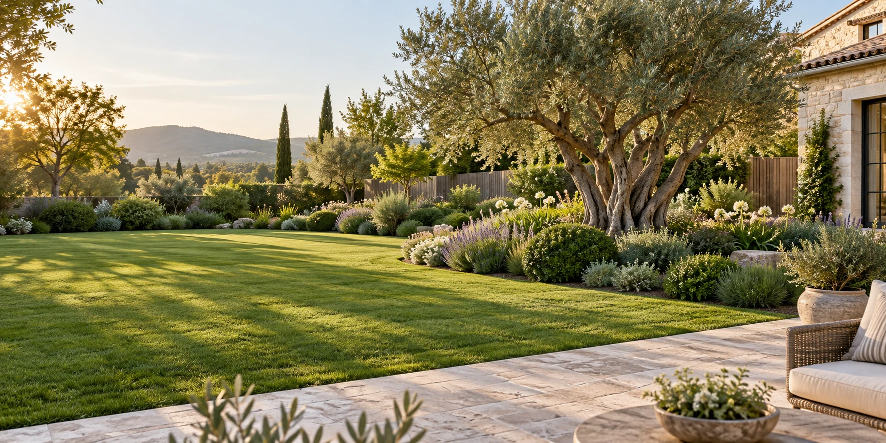 Jardin contemporain avec pelouse et plantations, photographie d’ambiance